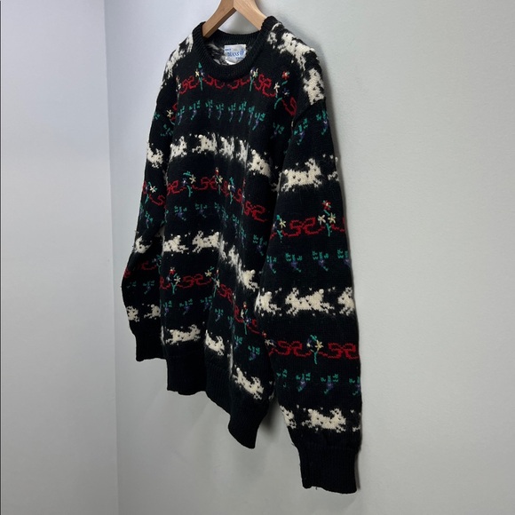 Vintage Deans Of Scotland Wool Sweater Knit Bunnies Bows Flowers Womens Small - Picture 5 of 7